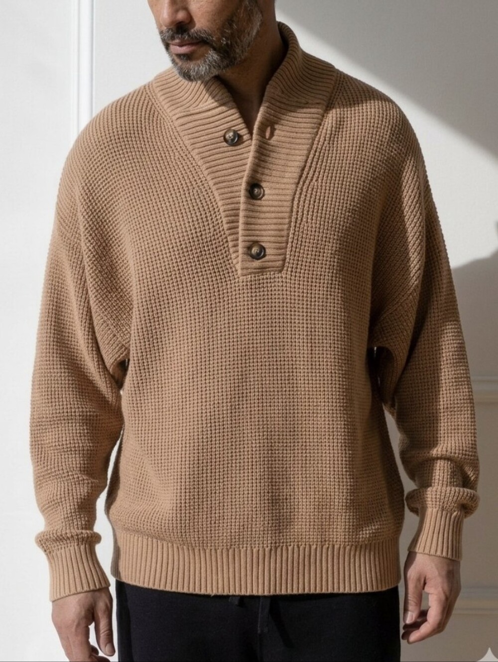 Lahgo by Lunya Cozy Cotton Silk Waffle Henley Tan Pullover Sweater XL Loungewear